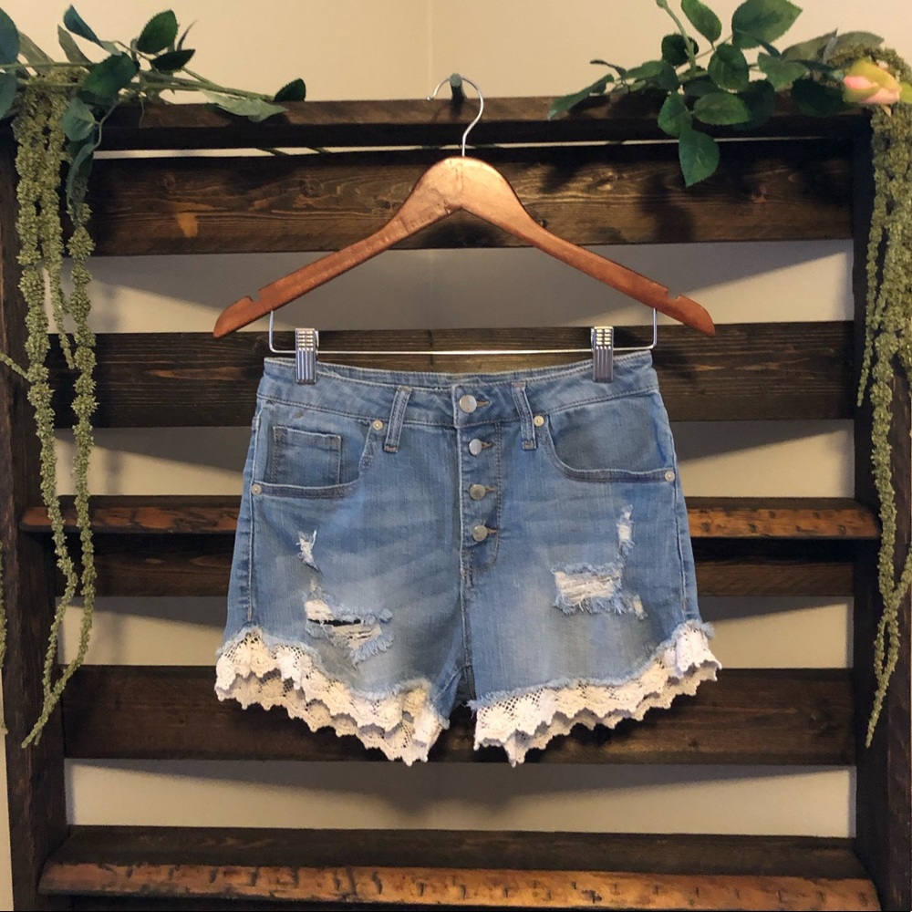 High Wasted Button Up Lace Denim Shorts